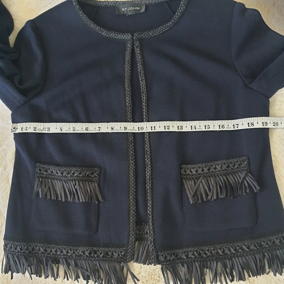St. John Fringe Trim Jacket Womens Navy Blue Wool Rayon Blend M/L 3/4 Sleeve - Picture 7 of 10